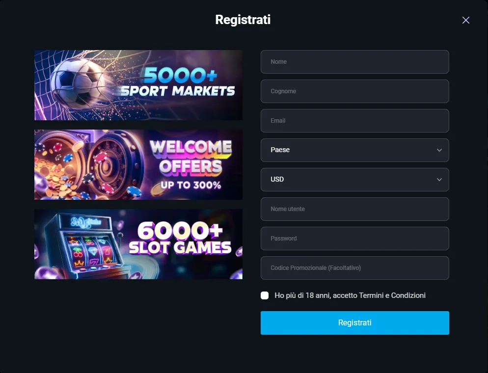 Modulo di registrazione MyStake con il campo codice promozionale