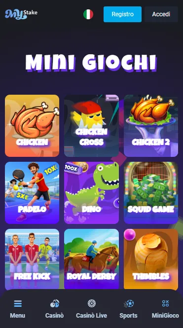 Sito mobile MyStake con la sezione minigiochi