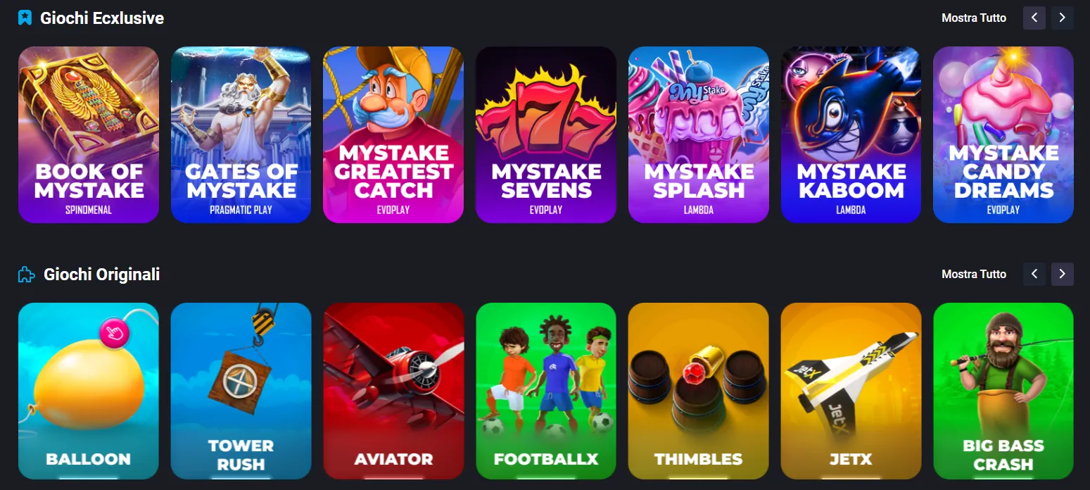 Sezioni di gioco MyStake: giochi esclusivi e originali